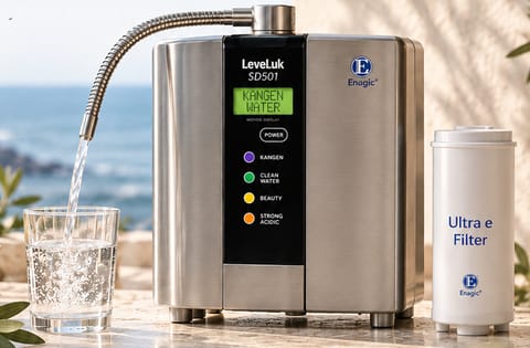 LeveLuk SD501, vattenjonisator i borstat stål från Enagic, med ett glas vatten och en filterpatron